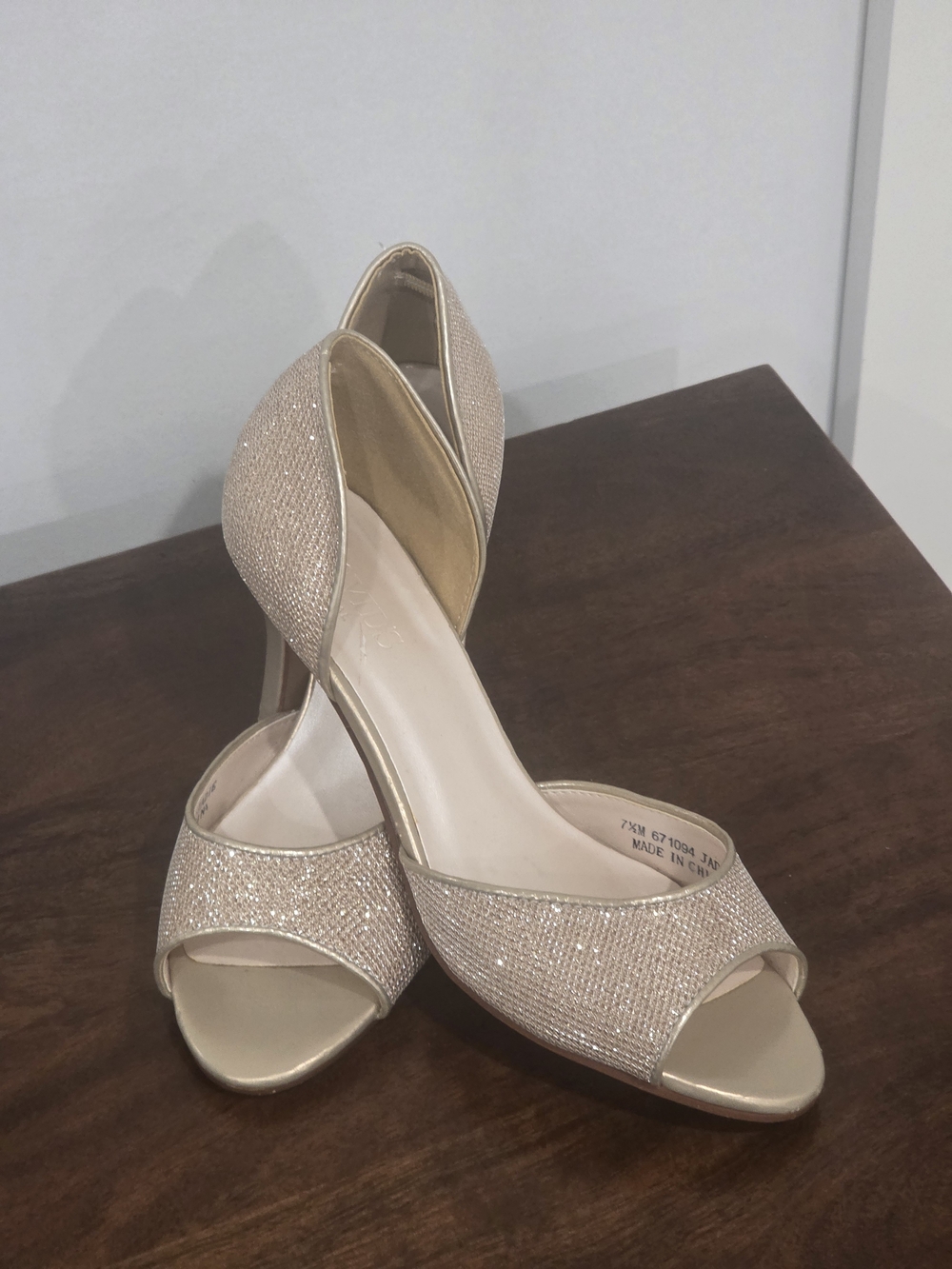 David's Bridal Glitter Peep-Toe D'Orsay Heels in Champagne